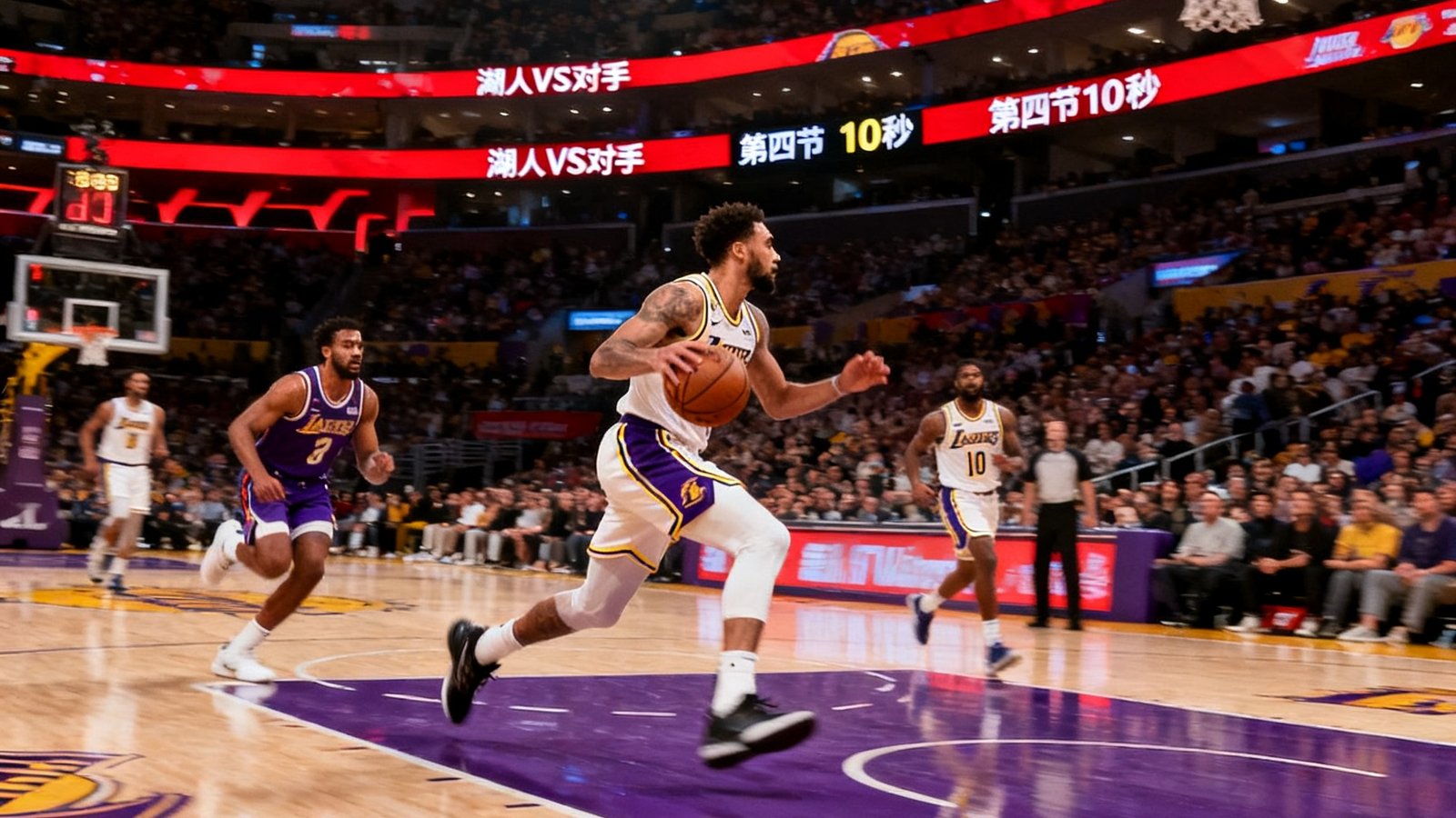 NBA常规赛高清直播画面，湖人队主场斯台普斯中心座无虚席，球员正在执行快攻战术，比分牌显示第四节关键时刻的紧张对决