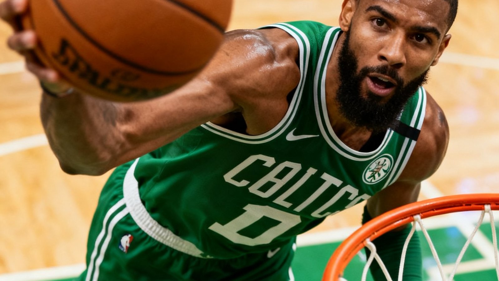 NBA凯尔特人队比赛精彩瞬间，球员突破上篮的特写镜头，背景虚化突出主体动作，展现职业篮球的速度与力量感